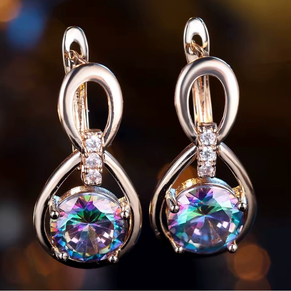 Rose Gold Water Drop Colorful Natural Zirconia Earrings - Picture 6 of 7